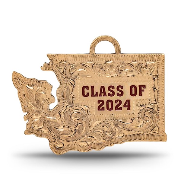 A custom silver tassel charm for 2024 graduates, designed for memorial caps, featuring a Washington State Shape